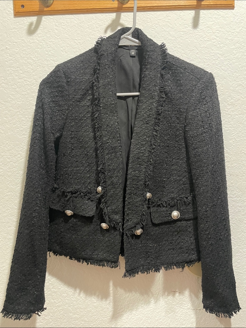 Express Black Tweed Frayed-Trim Pearl Button Blazer